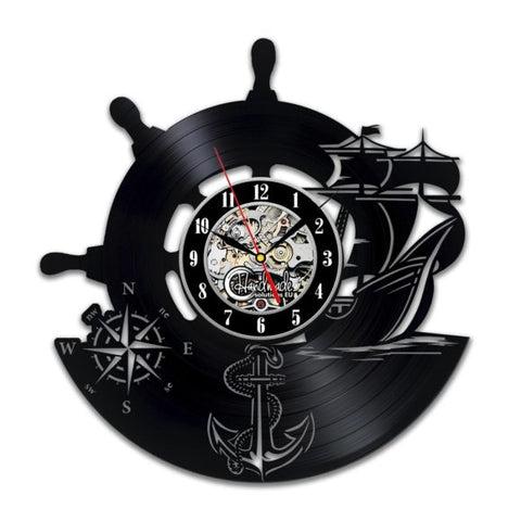 Naval Compass Vinyl Record Wall Clock