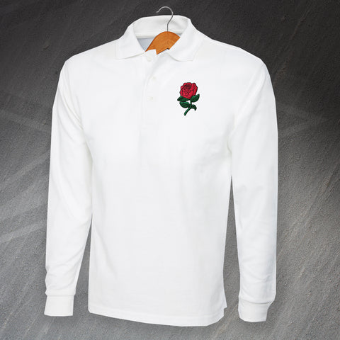 Retro England Rugby Embroidered Long Sleeve Polo Shirt