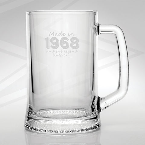 1968 Glass Tankard Engraved Made in 1968 and The Legend Lives On