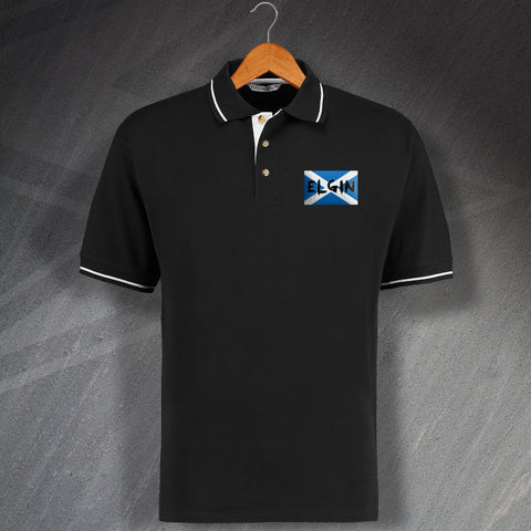 Elgin Football Polo Shirt Embroidered Contrast Grunge Flag of Scotland