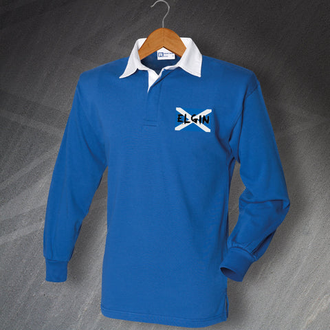Elgin Rugby Shirt Embroidered Long Sleeve Grunge Flag of Scotland