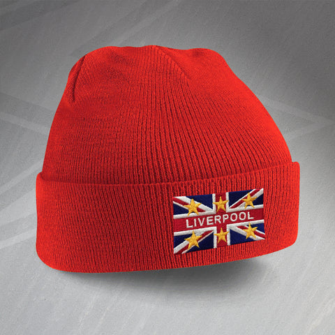 Liverpool Football Beanie Hat Embroidered Union Jack & European Stars