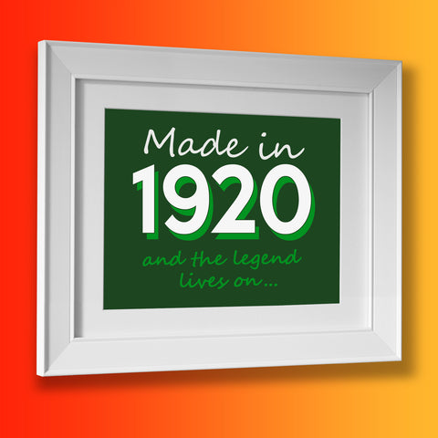 Made In 1920 and The Legend Lives On Framed Print Bottle Green