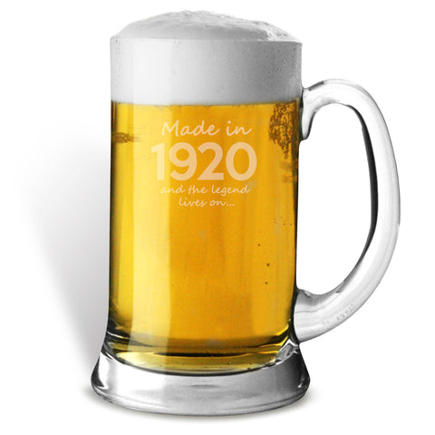 Made In 1920 and The Legend Lives On Glass Tankard