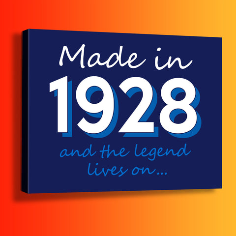Made In 1928 and The Legend Lives On Canvas Print Navy