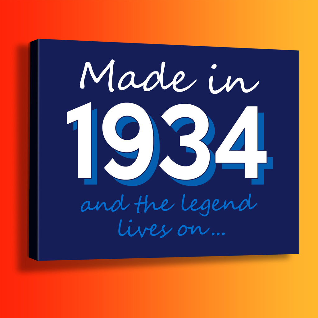 Made In 1934 and The Legend Lives On Canvas Print Navy