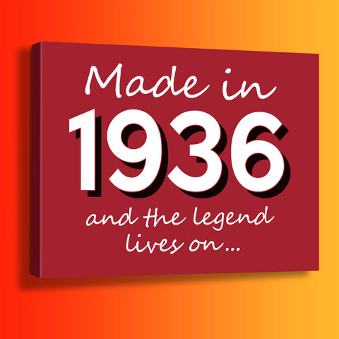 Made In 1936 and The Legend Lives On Canvas Print Brick Red