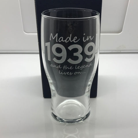 Made In 1939 and The Legend Lives on Engraved Beer Glass