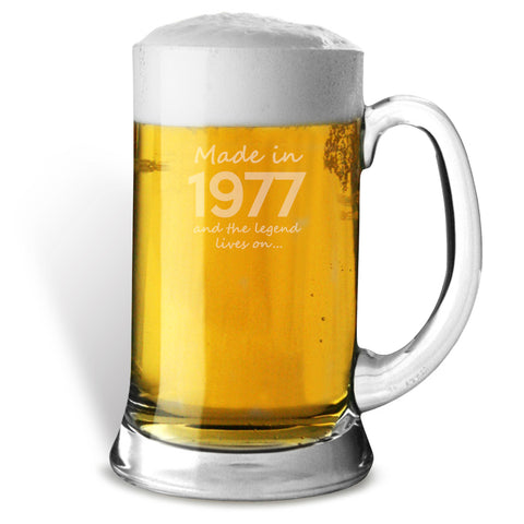 Made In 1977 and The Legend Lives On Glass Tankard