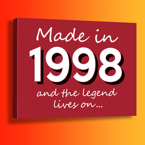 Made In 1998 and The Legend Lives On Canvas Print Brick Red