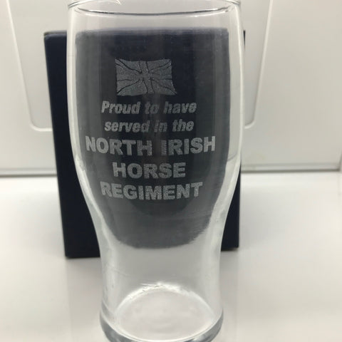 Proud to Have Served In The North Irish Horse Regiment Engraved Beer Glass