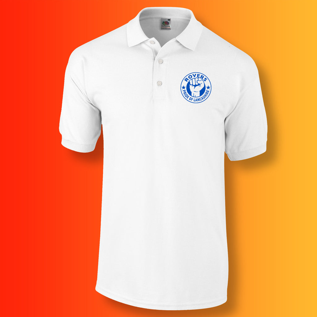 Rovers Polo Shirt with The Pride of Lancashire Design White