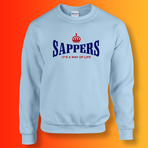 The Sappers Sweater with It's a Way of Life Design Sky Blue
