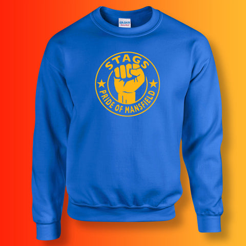 Stags Sweater with The Pride of Mansfield Design Royal Blue
