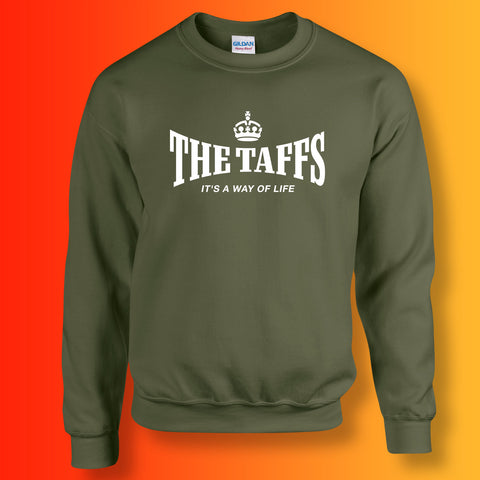 The Taffs Sweater with It's a Way of Life Design Military Green