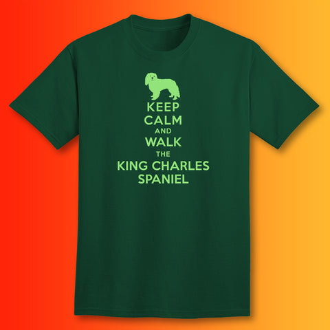 Keep Calm and Walk The King Charles Spaniel T-Shirt Bottle Green