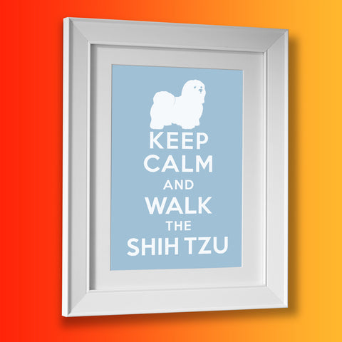 Keep Calm and Walk The Shih Tzu Framed Print Pale Blue