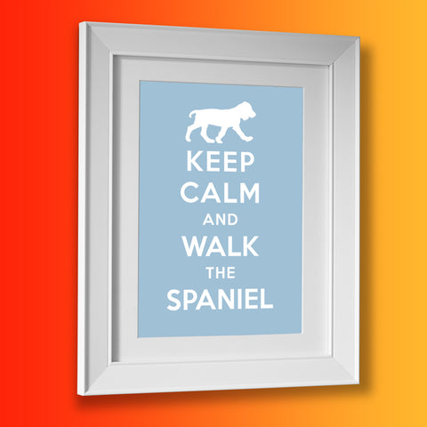 Keep Calm and Walk The Spaniel Framed Print Pale Blue